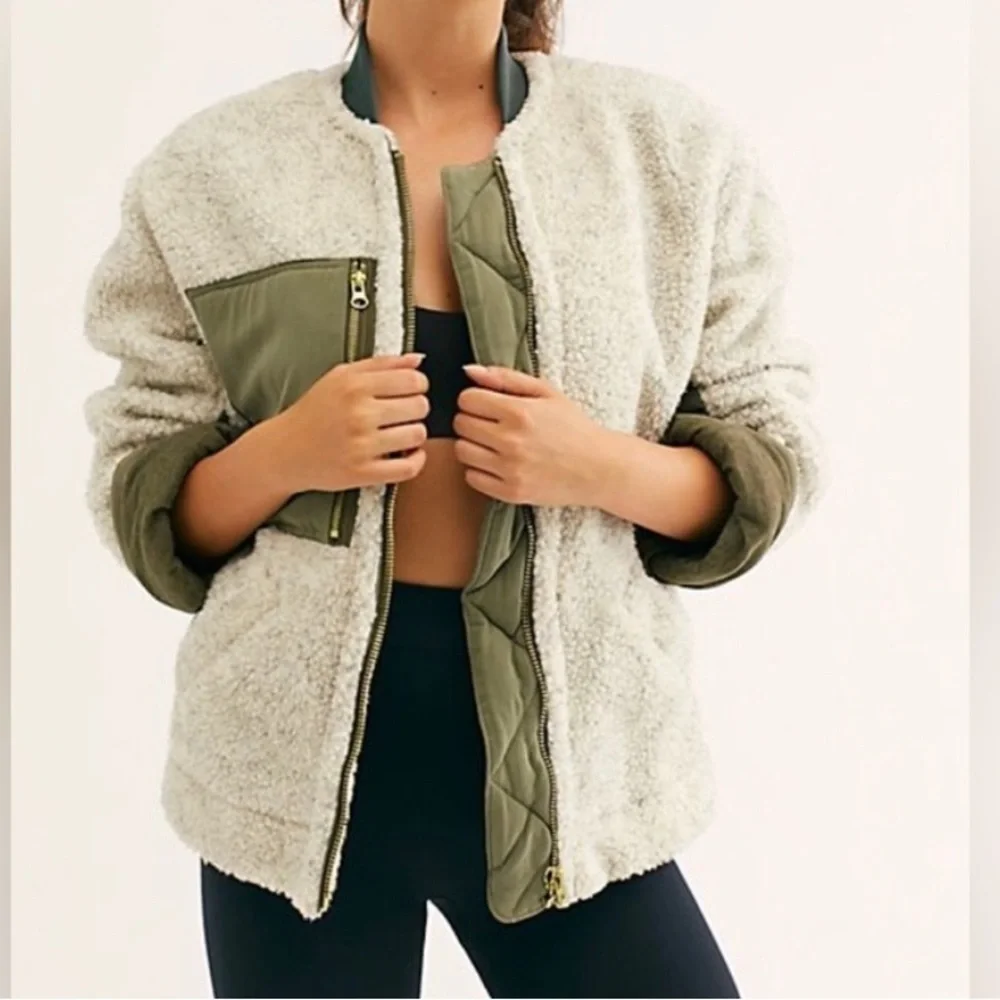 Free People Rivington Sherpa olive and ivory full zip jacket